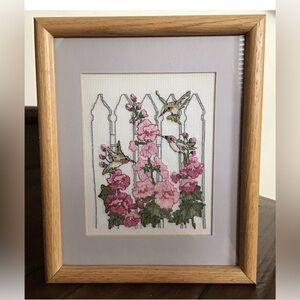 Hand Stitched Cross Stitch Floral Hollyhocks Hummingbird Fence Framed Picture